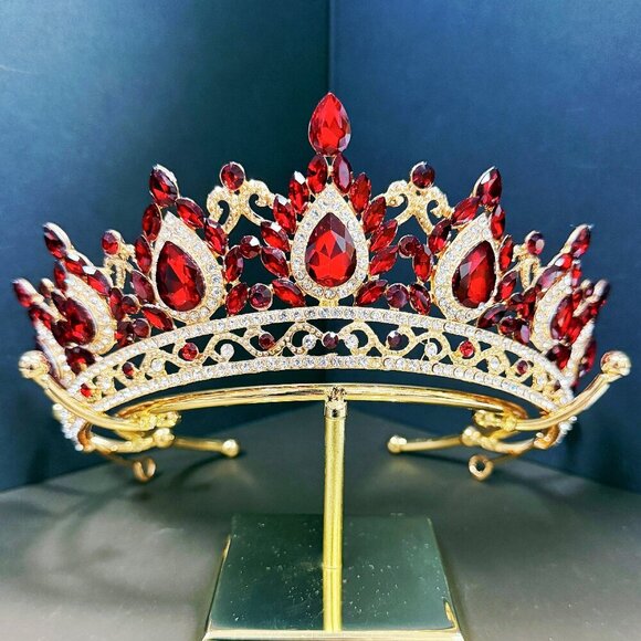 Gold Crown Crystal Tiara, Princess Crown, Gold Wedding Tiara, Wedding Ruby Crown main image 3